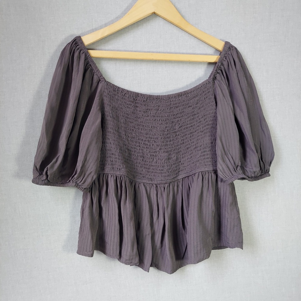 Women Babydoll Cottagecore‎ Top L Gray Milkmaid Smocked Romantic Peplum Puff